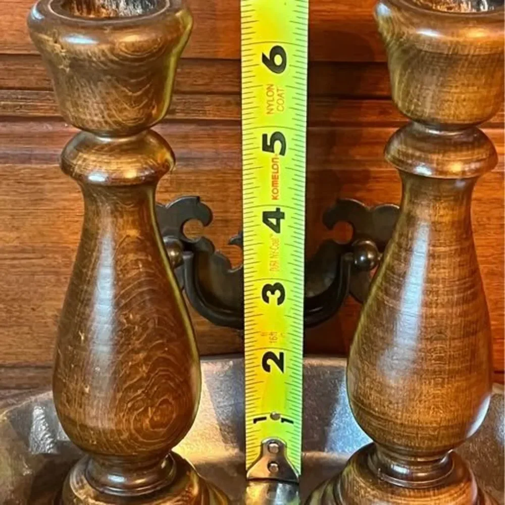 Vintage Mid-Century Hand-Turned Wood Taper Candlestick Holders - Pair